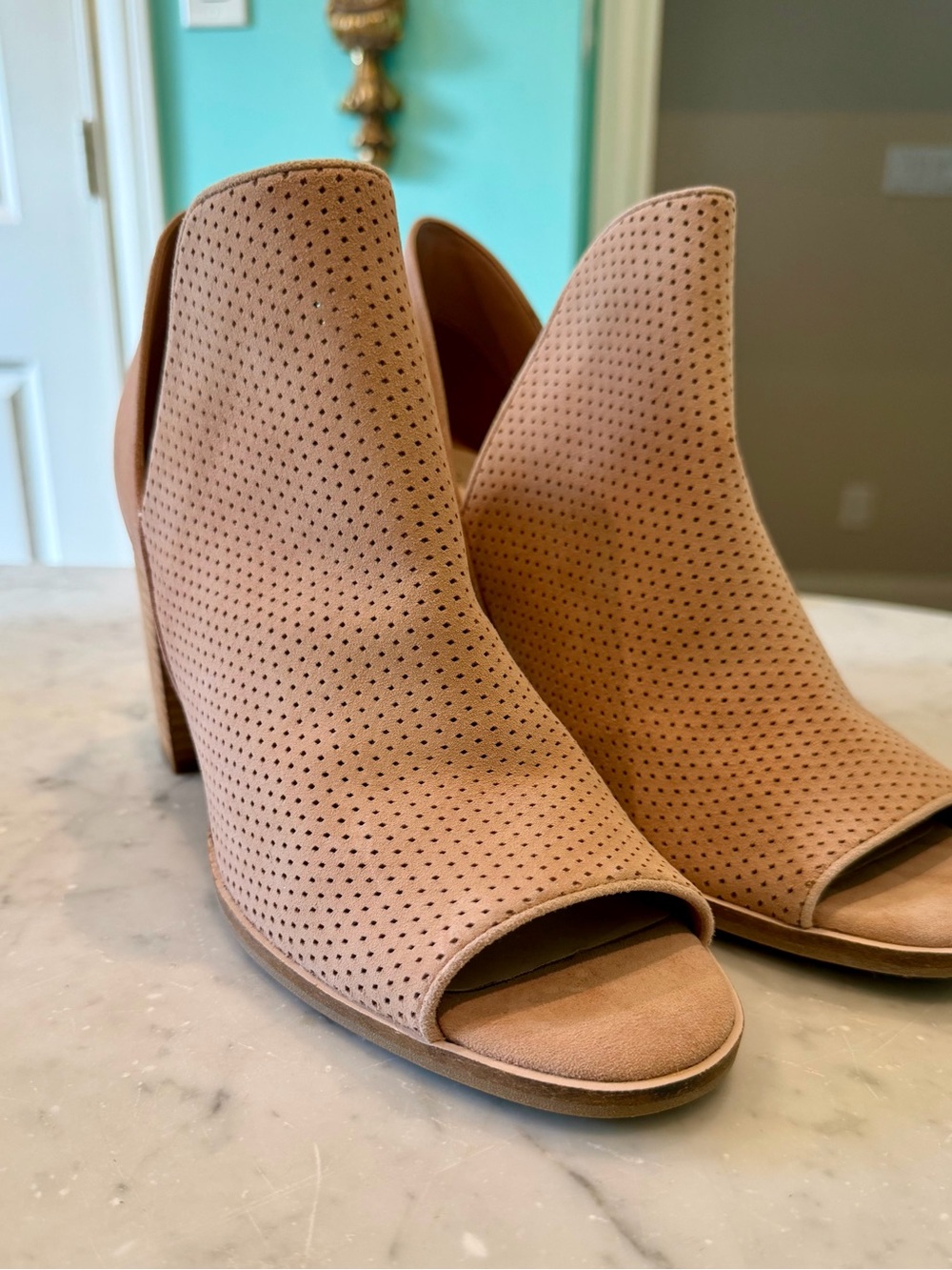 Cole Haan Perforated Peep-Toe Mules in Tan